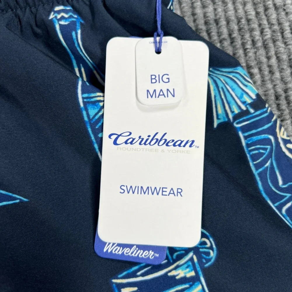 Caribbean‎ Swim Shorts Mens 4XB Big Blue Geometric Lined Ocean Beach Pool New